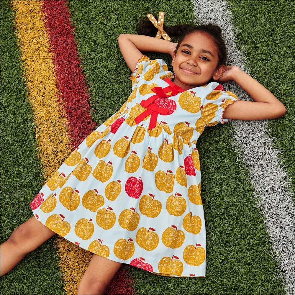 BNWT PINK CHICKEN hermione Girls' Apple Print Cotton Dress with Red Bow size 14